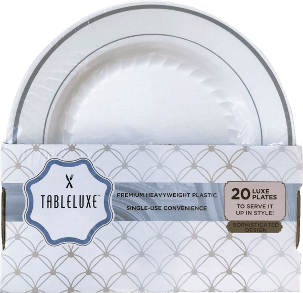 1 00 For Tableluxe White Silver Round Plastic Plates Offer 1 00 For Tableluxe White Silver Round Plastic Plates Offer Available At Multiple S Expires On 12 23 17