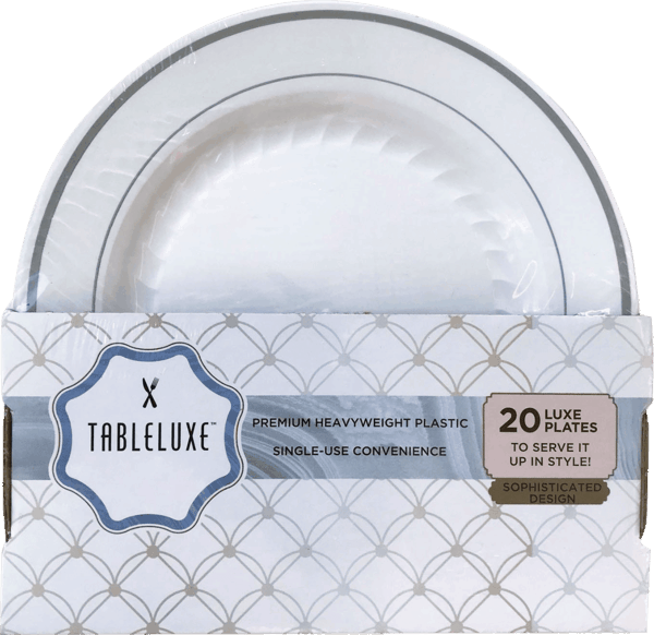 $2.50 for Tableluxe White Silver Round Plastic Plates. Offer available at multiple stores.