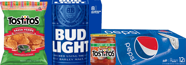 $4.00 for Bud Light® or Budweiser® AND Pepsi® AND TOSTITOS® Chips OR TOSTITOS® Dip Combo. Offer available at multiple stores.