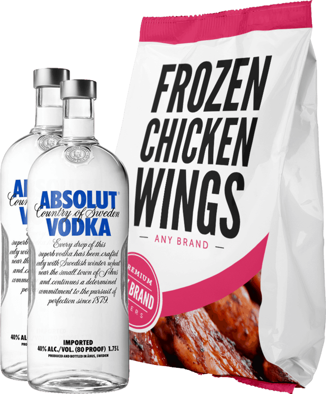 20.00 for Absolut® Vodka AND Any Brand Frozen Chicken Wings. Offer