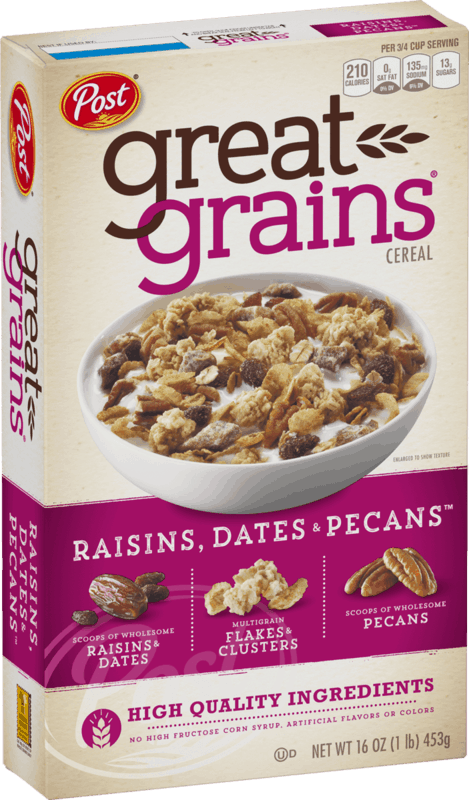 $0.50 for Post&reg; Great Grains&reg; Raisins Dates & Pecans Cereal. Offer available at multiple stores.