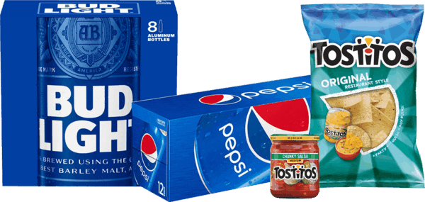 $5.00 for Budweiser® Family AND Pepsi® AND TOSTITOS® Chips OR TOSTITOS® Dip Combo. Offer available at multiple stores.