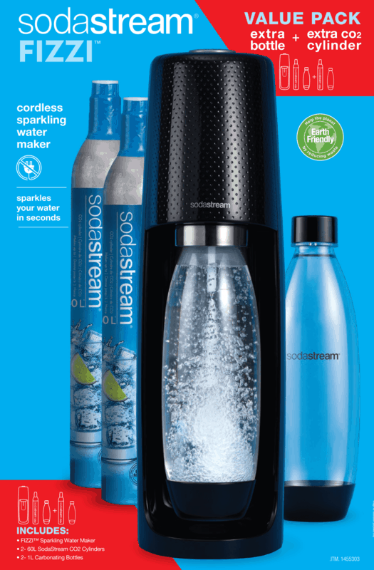 $15.00 for SodaStream Fizzi Sparkling Water Maker Value Pack, with extra Co2 Cylinder and extra Carbonating Bottle. Offer available at Costco.