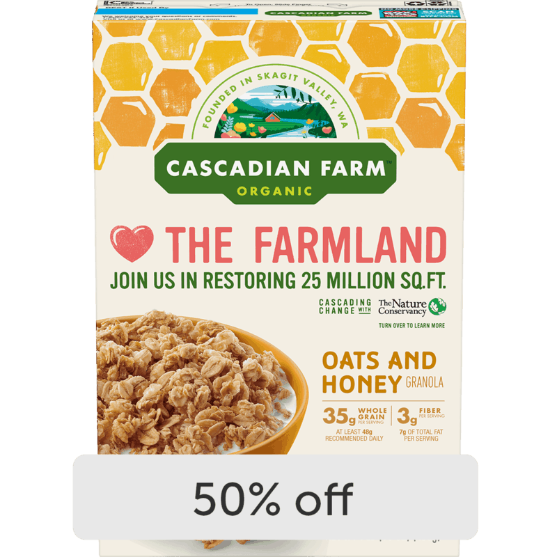 $1.45 for Cascadian Farms Granola Cereal. Offer available at Walmart, Walmart Pickup & Delivery.