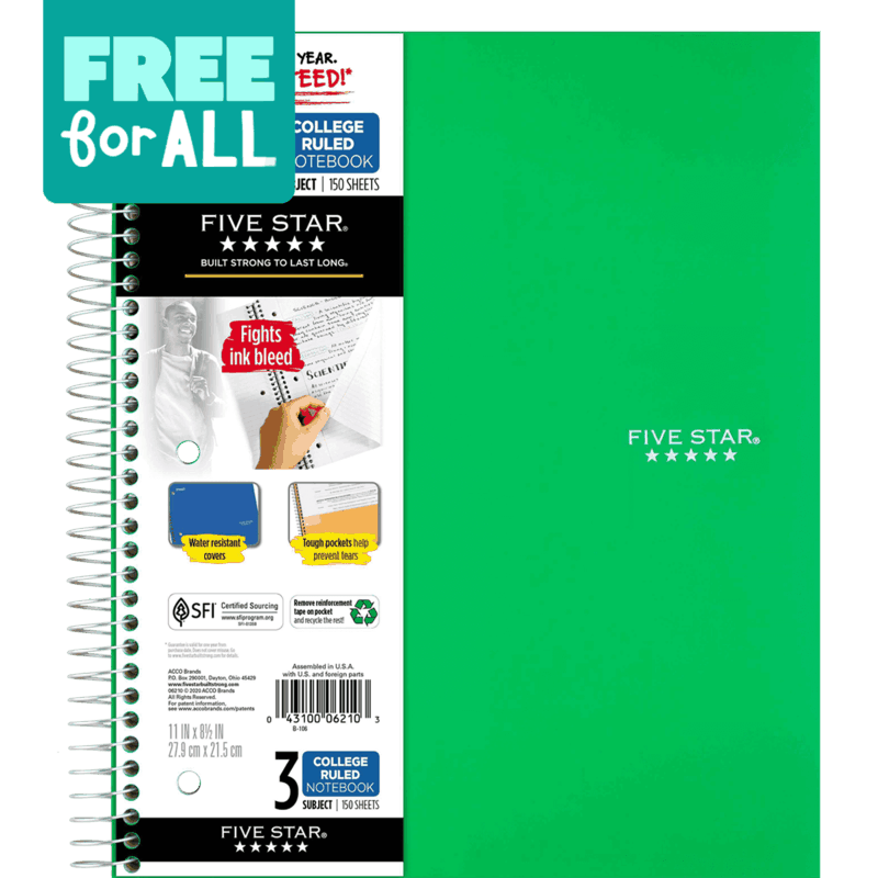 $4.30 for FREE FIVE STAR 3 Subject Notebook. Offer available at multiple stores.