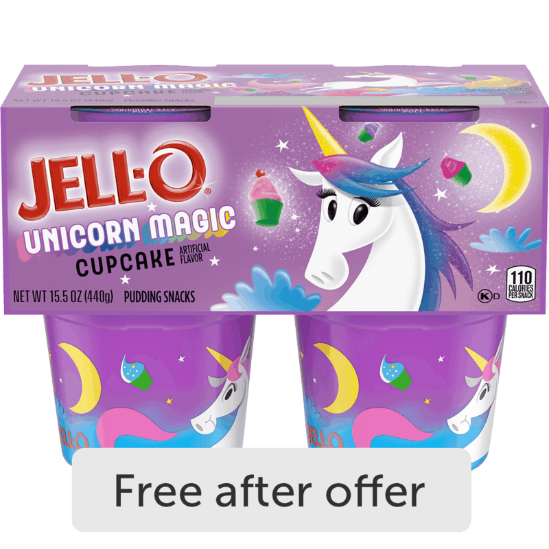 $2.49 for Jell-O Unicorn Magic Cupcake Pudding. Offer available at multiple stores.