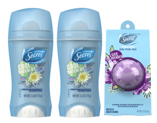 $5.00 for Secret® Fresh Antiperspirant and Deodorant & Secret® Freshies On-The-Go Deodorant Combo. Offer available at multiple stores.