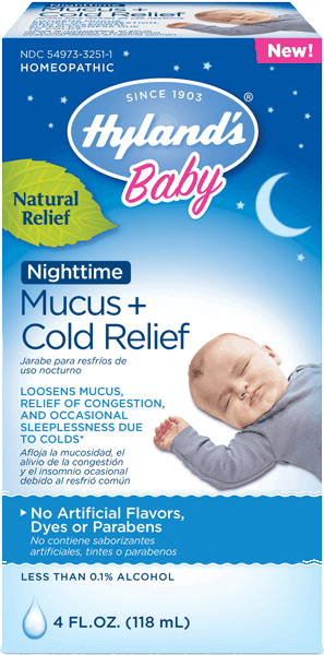 $1.00 for Hyland's® Baby Nighttime Mucus + Cold Relief. Offer available at Target, Walmart, Walgreens, CVS Pharmacy, Discount Drug Mart.