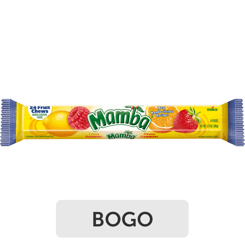 $1.08 for Mamba Fruit Chews. Offer available at Walmart, Walmart Pickup & Delivery.