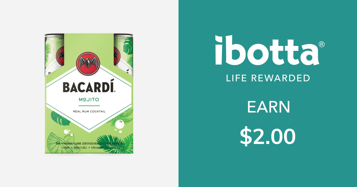 Get $2.00 back on on Bacardi Ready to Drink Rum Cocktails - select varieties, 4 count only. Offer valid on Bacardi Bahama Mama, Bacardi Mojito, Bacardi Lime & Soda, Bacardi Limon & Lemonade, and Bacardi Rum Punch
