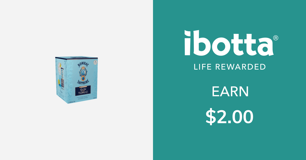 Get $2.00 back on on Bombay Sapphire Ready to Drink Gin & Tonic - select varieties, 4 count only. Offer valid on Bombay Sapphire Gin & Light Tonic and Bombay Sapphire Gin & Tonic.