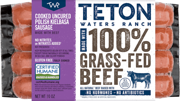 $1.00 for Teton™ Waters Ranch 100% Grass-fed and Finished Dinner Sausage or Hot Dog. Offer available at multiple stores.